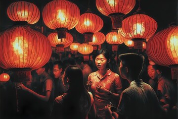 Wall Mural - ﻿A group of people standing under red lanterns - Generative AI