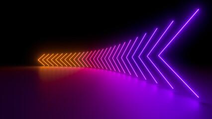 Wall Mural - Sci Fy neon glowing wave lines in a dark hall. Reflections on the floor. Empty background in the center. 3d rendering image. Abstract glowing lines. Techology futuristic background.