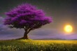 Leinwanddruck Bild - Mystical Night: A Surreal Tree with Purple Leaves Growing in a Fantasy Landscape Illustration