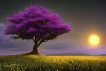 Mystical Night: A Surreal Tree With Purple Leaves Growing In A Fantasy Landscape Illustration