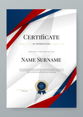 Wall Mural - Modern elegant blue and red award business certificate design template in A4 portrait orientation