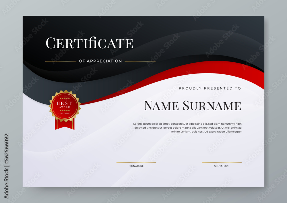 Modern premium award abstract black and red certificate design template ...