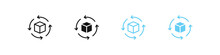 Rotate Cube Icon. Four Arrows Symbol. 360 Rotate Signs. Repeat Reload Square Symbols. Return Icons. Black And Blue Color. Vector Sign.