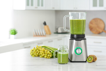 Sticker - Delicious fresh smoothie and ingredients on white marble table in kitchen