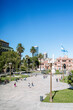 Plaza de Mayo in Buenos Aries. Central square in Buenos Aires with the Argentinean flag in the summer next to the presidential palace. Attractions, travel and tourism in Argentina.
