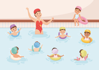 Sticker - Children in Swimming Pool with Woman Coach Teaching Them Vector Illustration