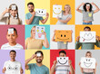 © Pixel-Shot - Group of happy people with drawn smiles on paper sheets against color background