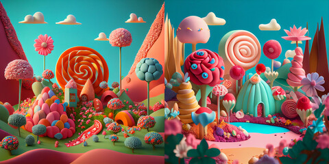 Wall Mural - Colorful illustration of Candy Land. Magical environment, collection 