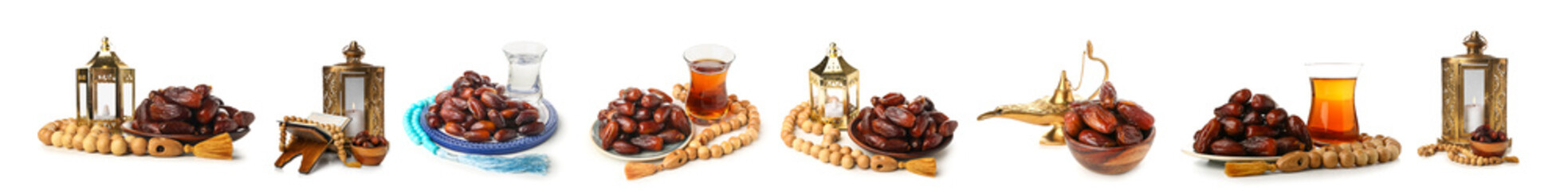 Wall Mural - Set of tasty dates with Muslim lamps, Quran, tea and tasbihs on white background