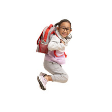 School Girl, Happy Asian Student School Kid Jumping For Joy With Backpack, Full Body Portrait Isolate Background 