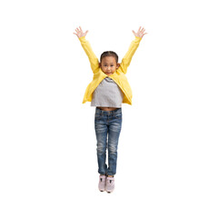 School girl, Happy Asian student school kid jumping for joy, Full body portrait isolate background 