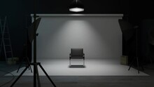 Turning Lights On At Empty Recording Studio With Chair In Center. Camera Zoom.