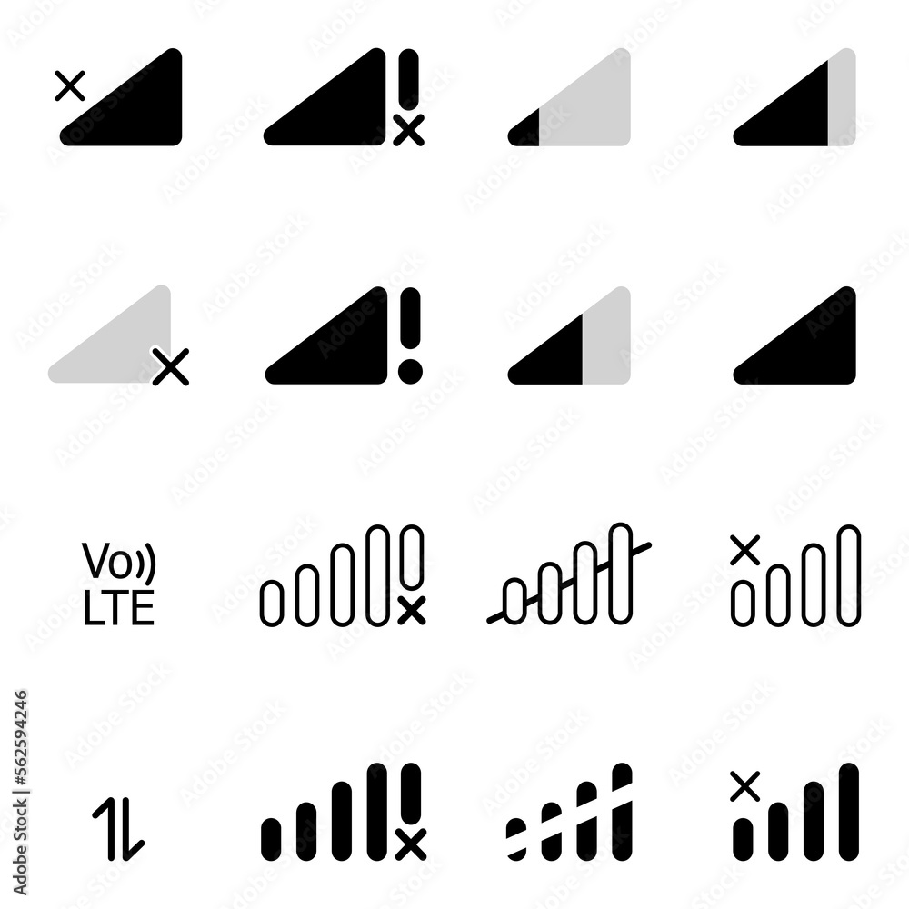 No signal and full network icons, Phone mobile signal. Status bar connection  icon. Network icon pictures. Icon in black fill style on white background.  Network signal icons. lte, volte icon vector. Stock, image size:1000x1000