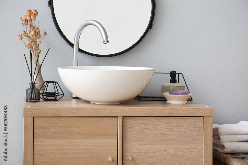 Modern sink in interior of stylish bathroom, closeup