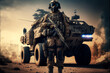 elite special forces until, undercover, full military people armor holding rifle, ready for battle, fighting, realistic, background War army vehicle, Generative AI	