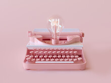 Retro Typewriter With Light Bulb Lighting. Copy Space Minimal Concept Of Idea, Innovation, Genius, Writer, Plot, Journalism, Inspiration. 3d Render Illustration. 