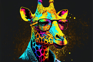 art neon. giraffe with hoodie and colored sunglasses. colored. art