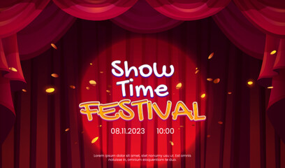 Show or festival announcement banner template. Vector cartoon illustration of closed red drapery curtains on theater or concert hall stage, golden confetti flying in air, text illuminated by spotlight