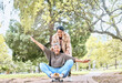 © J Maas/peopleimages.com - Skateboard, portrait and senior friends in park for goofy, silly and comic outdoor fun together. Funny retirement women in nature with excited and happy smile for bonding leisure in Mexico.