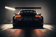 Back view silhouette of a modern generic sports racing car standing in a dark garage , Generative AI