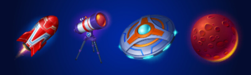 Wall Mural - space set with rocket, telescope, alien spaceship and planet. concept of astronomy, cosmic technolog