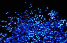 Rising Data Blocks. Data Intelligence, Archive, Big Data And Core Data Concept Image. Blue Metallic Blocks Rising In A Cluster. Shallow Depth Of Field. 3D Rendering.