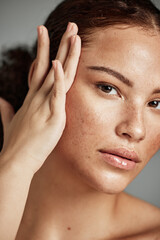 skin, beauty and black woman portrait with skincare glow from spa treatment and makeup. model, hand 
