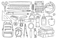 Back To School. Set Of School Supplies Isolated On White Background. Vector, Hand-drawn, Outline Drawing With Black Line, Doodles.