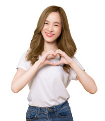 Wall Mural - Studio shot of cheerful beautiful Asian woman in t-shirt and stand with showing heart on two hands on screen background, PNG transparent.