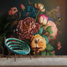 Modern Interior Living Room Background, A Rose Bouquet, Butterflies And Flowers In The Style Of Painting, With A Green Chair And Lights For The Table And Ceiling - 3D Rendering