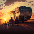 a couple or a family sitting in front of a fifth wheel trailer enjoying a sunset in a warm location