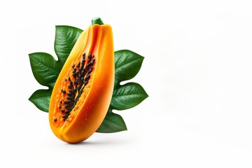 Wall Mural - Papaya isolated on white. ripe slice papaya with leaf isolated on white background. full depth of field. Fresh fruits isolated. generative ai