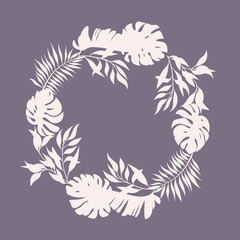 Wall Mural - Round frame with tropical leaves on a purple background. Tropical plants silhouette.