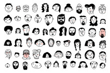 Doodle Cute Faces Set. Hand-drawn Outline People Isolated On White Background. Human Avatar Collection. Cartoon Young, Old Different Nationalities Women, Men. Childrens Portrait. Vector Illustration