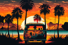 Funky Vintage Van, Palm Trees And The Sea. Hippie Poster Background With Sunset. Generative Ai.