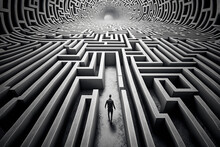 Man Walking Into Big Labyrinth. Finding Solution Concept. Generative Ai.
