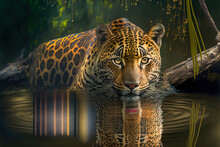 Close Up Beautiful Leopard In Water. Dangerous Predator In Natural Habitat. Digital Art	
