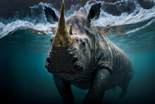 Rhino Swims Across The River. Rino In The Water. Digital Artwork