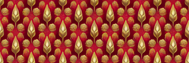 Wall Mural - Seamless art nouveau botanical pattern. Abstract gold flowers on red background. Repeat pattern for wallpaper, fabric, paper packaging, curtains, duvet covers, pillows, digital print design