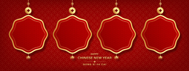 Wall Mural - asian style empty hanging frames on red oriental banner background for lunar new year decoration