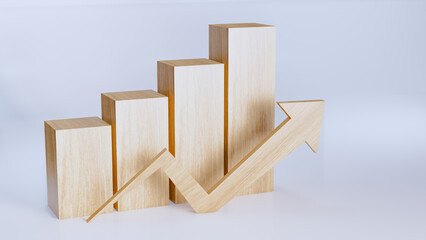 Wooden 3d up arrow financial business graph with economic market stock finance graph investment diagram