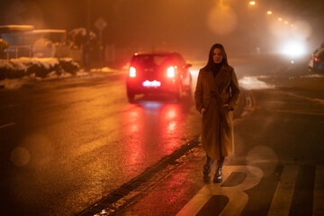 Wall Mural - a young woman in a long coat stands by the road with passing cars at night rainy autumn city