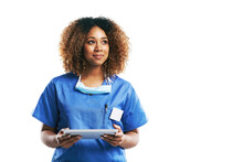 Nurse, Healthcare And Black Woman With Tablet In Studio Isolated On A White Background Mock Up. Technology, Wellness And Thinking Female Medical Physician With Touchscreen For Research Or Telehealth.