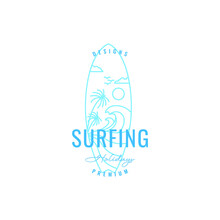 Surfing Board Ocean Wave Holiday Sport Hobby Line Art Logo Design Vector Icon Illustration Template