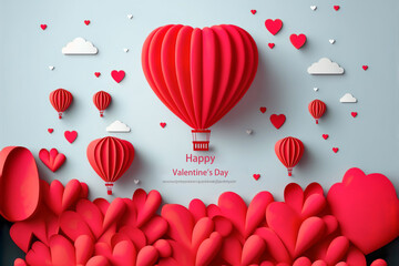 Wall Mural - Paper art , Happy valentine's day background of red balloons love icon , Generative Ai