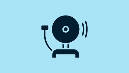 Sticker - Blue Ringing alarm bell icon isolated on blue background. Fire alarm system. Service bell, handbell sign, notification symbol. 4K Video motion graphic animation