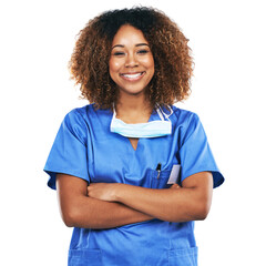 Wall Mural - Portrait, nurse and black woman with arms crossed in studio isolated on white background. Face, healthcare or confident, proud and happy female medical physician from Nigeria ready for wellness goals