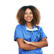Nurse, healthcare and black woman with arms crossed in studio isolated on a white background. Medical, thinking and confident, proud and happy female physician with ideas, thoughts or contemplating.