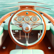Steering Wheel On Luxury Yacht.