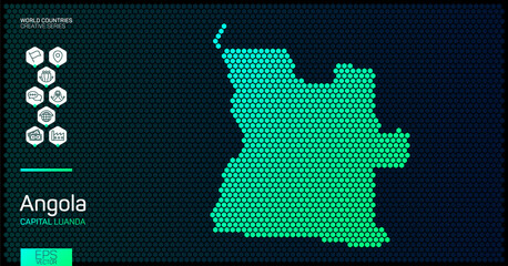 Wall Mural - abstract map of angola with hexagon cells with country data icons
